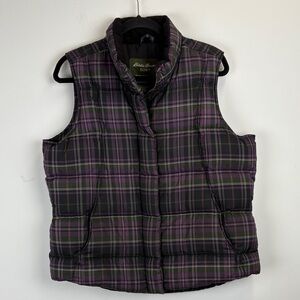 Eddie Bauer Plaid Goose Down Puffer Vest Black, green, and Purple Size Large